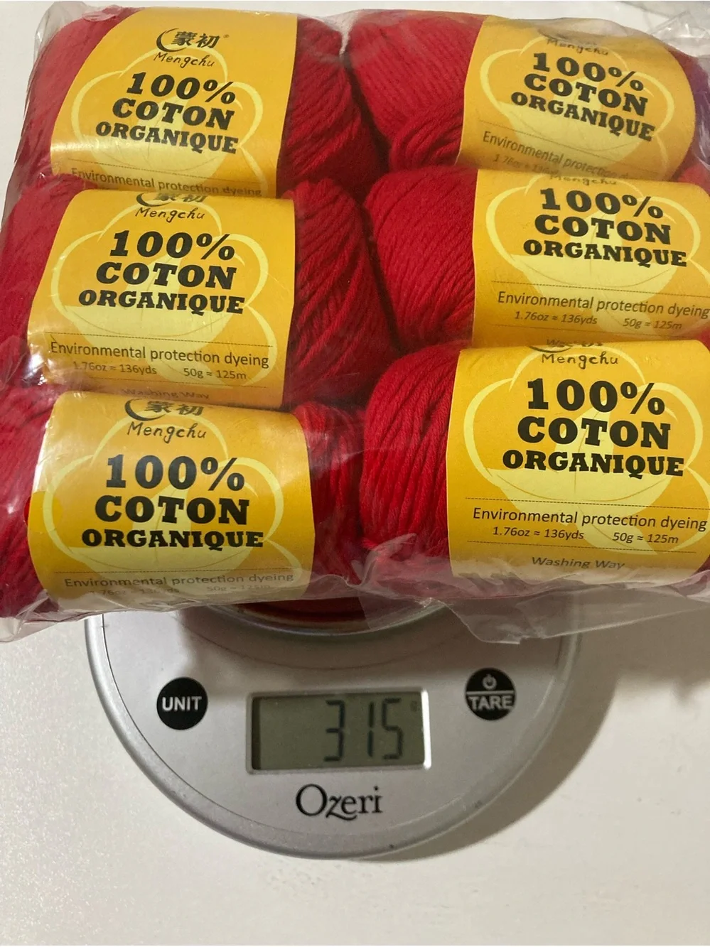NWT 6 Mengchu 100% Organic Cotton Yarn Color: Real Red ~48g ea / 10.5 oz total